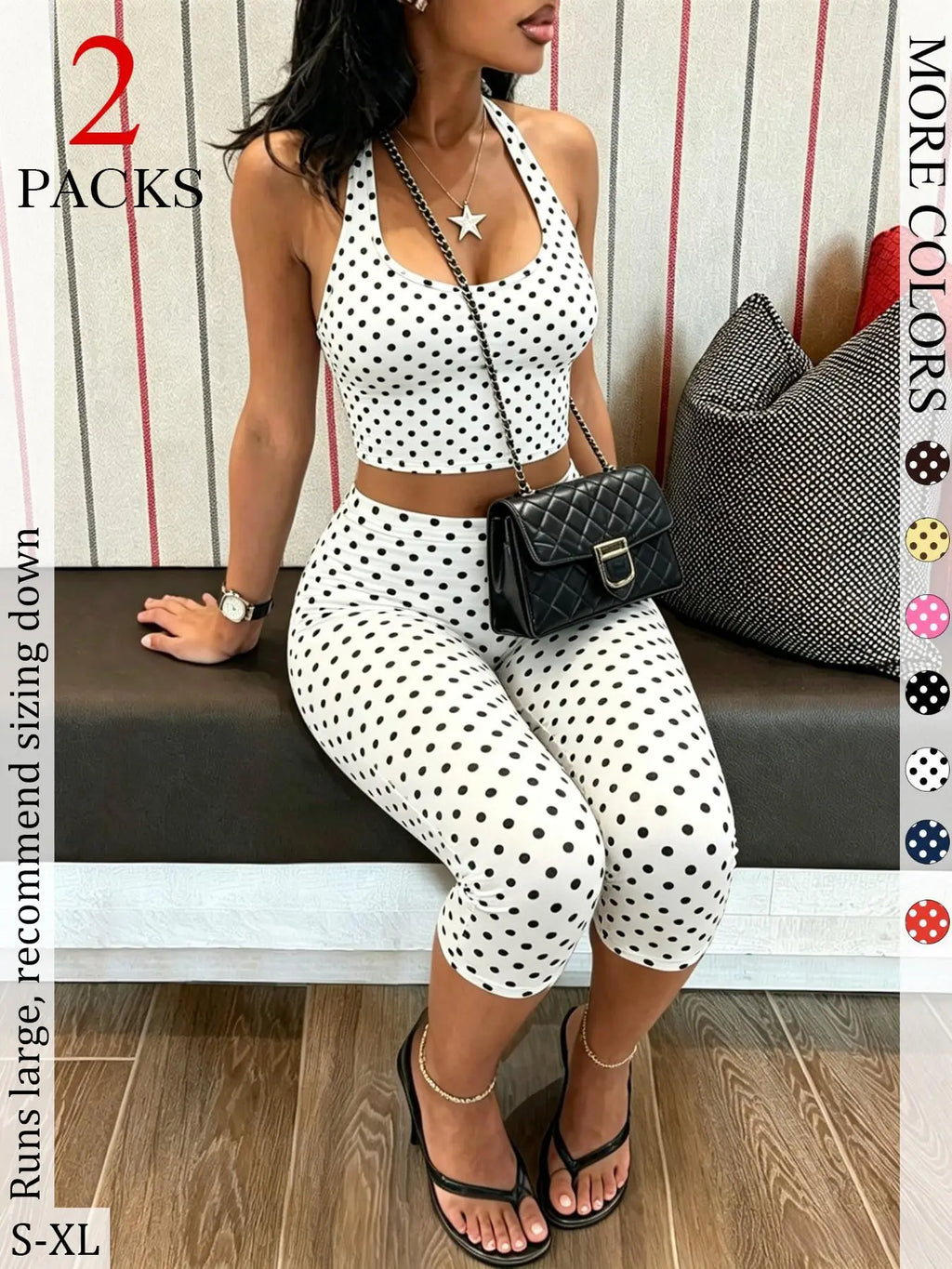 2 Packs Women Polka Dot 2 Piece Outfit, Casual Chic Set, Halter Crop Top & High Waist Capri Leggings Set, Bohemian Slim Fit Loungewear Tracksuit for Streetwear Summer