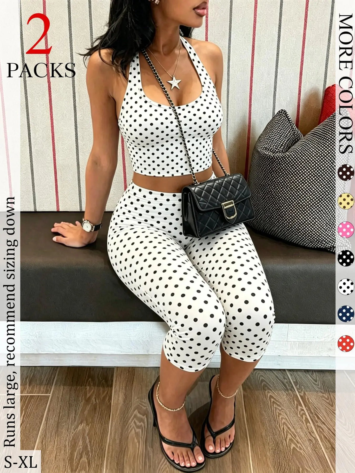 2 Packs Women Polka Dot 2 Piece Outfit, Casual Chic Set, Halter Crop Top & High Waist Capri Leggings Set, Bohemian Slim Fit Loungewear Tracksuit for Streetwear Summer