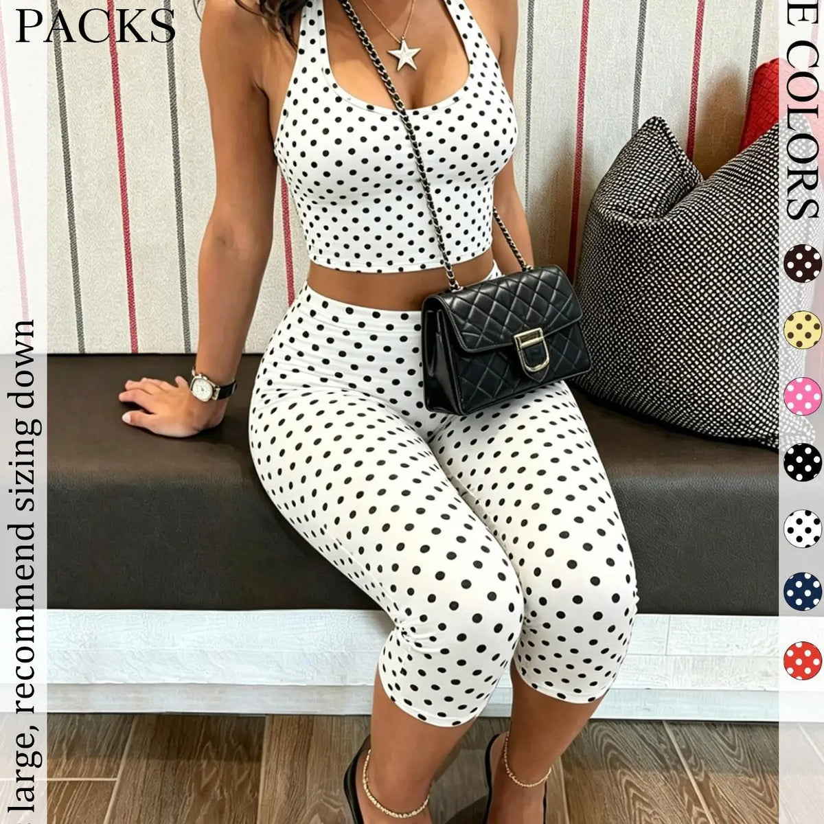 2 Packs Women Polka Dot 2 Piece Outfit, Casual Chic Set, Halter Crop Top & High Waist Capri Leggings Set, Bohemian Slim Fit Loungewear Tracksuit for Streetwear Summer