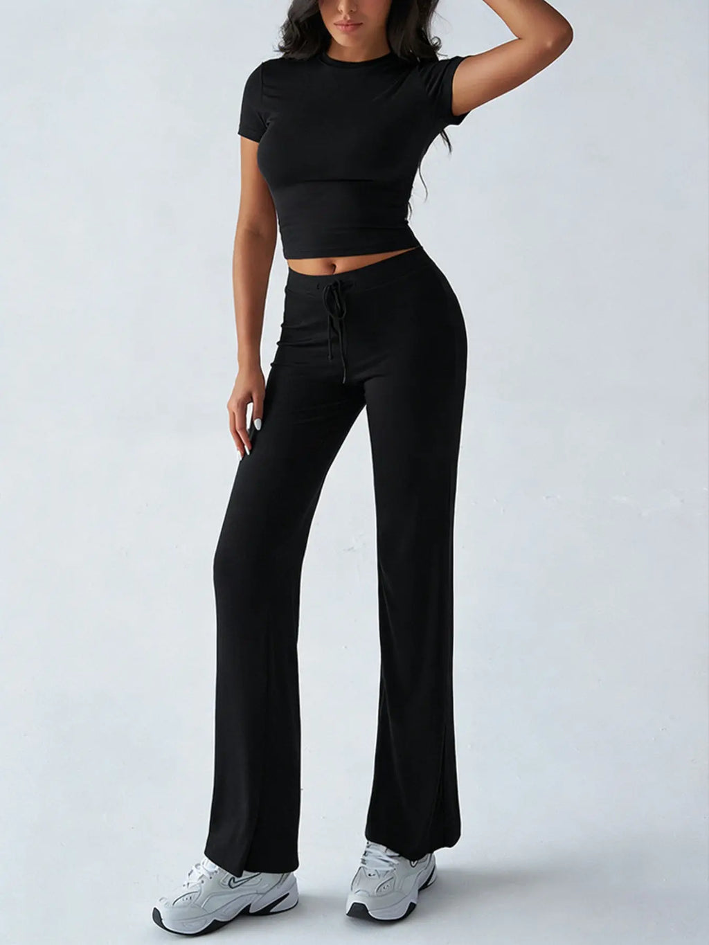 Women's Basic Minimalist Solid Short Sleeve Two-piece Set, Casual Round Neck Crop Tee & Drawstring High Waist Trousers for Daily Wear, Ladies Summer Clothes, Womenswear
