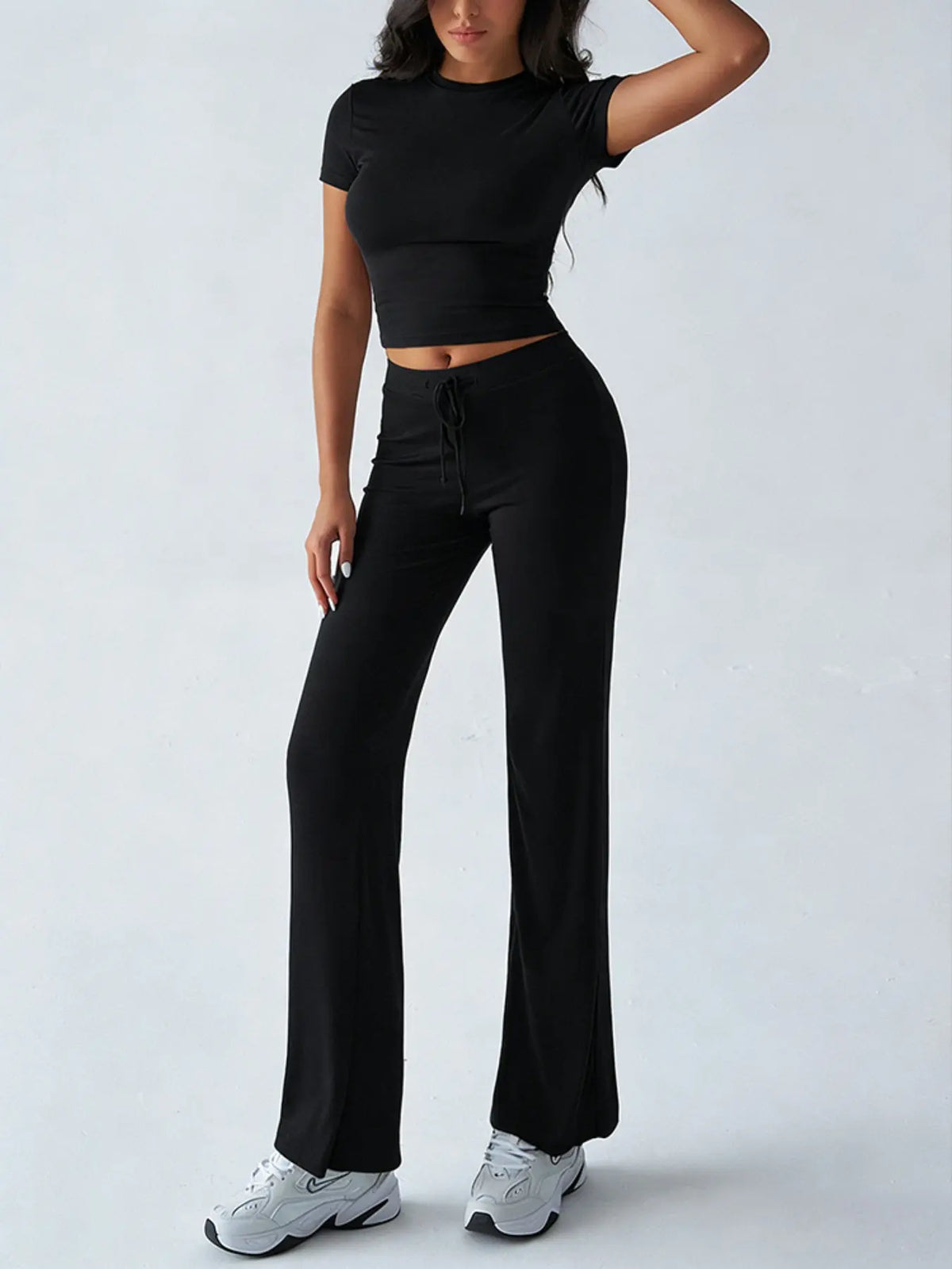 Women's Basic Minimalist Solid Short Sleeve Two-piece Set, Casual Round Neck Crop Tee & Drawstring High Waist Trousers for Daily Wear, Ladies Summer Clothes, Womenswear