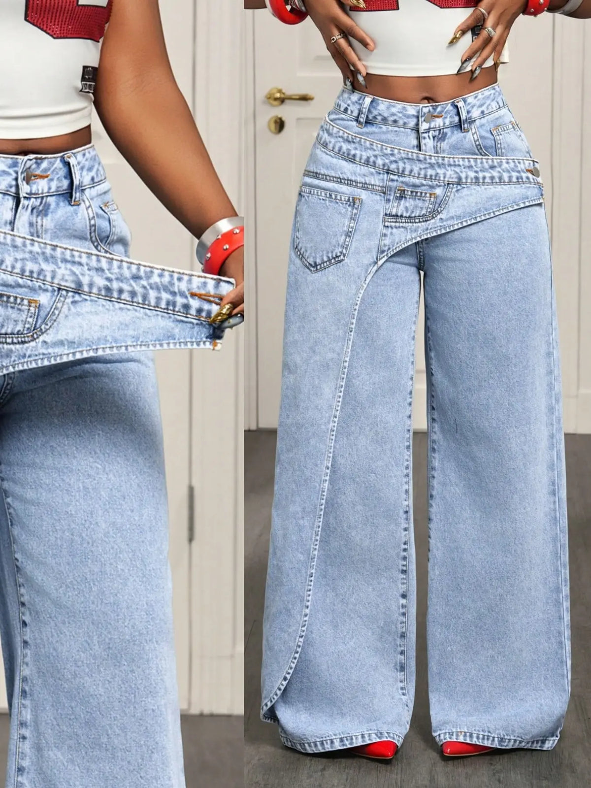 Women's Casual Denim Jean Long Pants, Elegant Plain Pattern, Loose-Fitting, All-Season Fashion, Trendy Asymmetrical Design