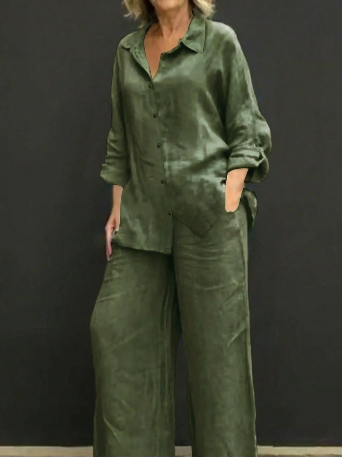 Women's Polo Neck Casual Open Front Long Sleeve Blazer & Loose Fit Elastic Long Pants Set Outfit, Adjustable, Solid Color, Comfortable Soft Fabric