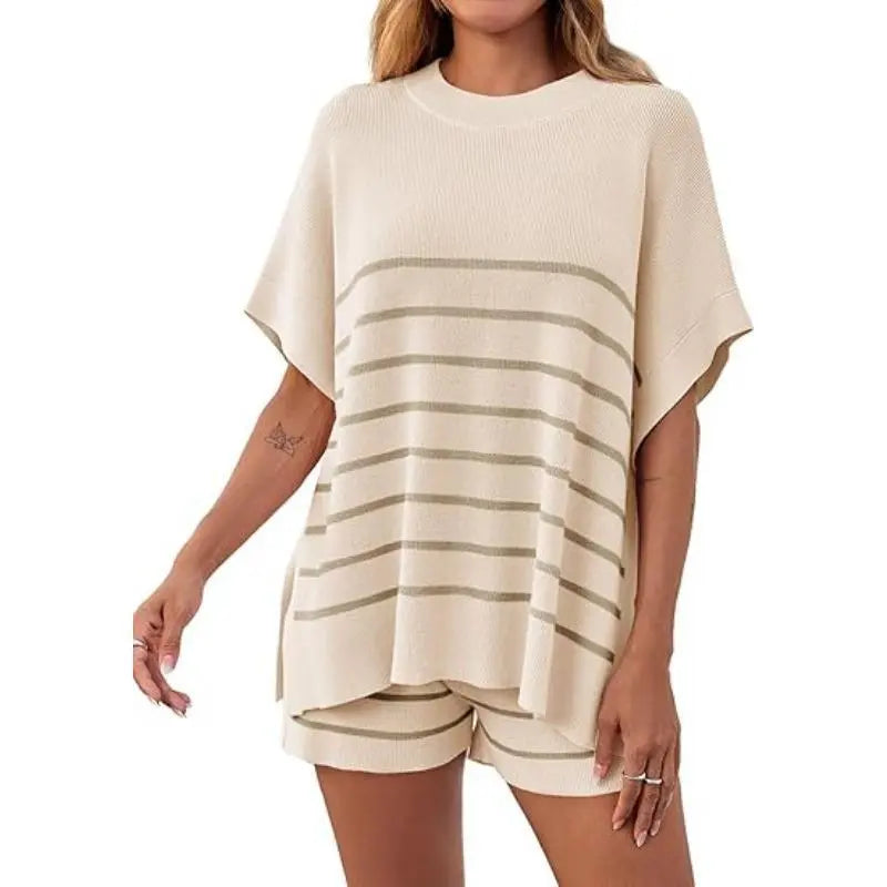 Imily Bela Women's Striped 2 Piece Outfits Oversized Batwing Short Sleeve Tops High Waisted Shorts Summer Knit Lounge Short Sets