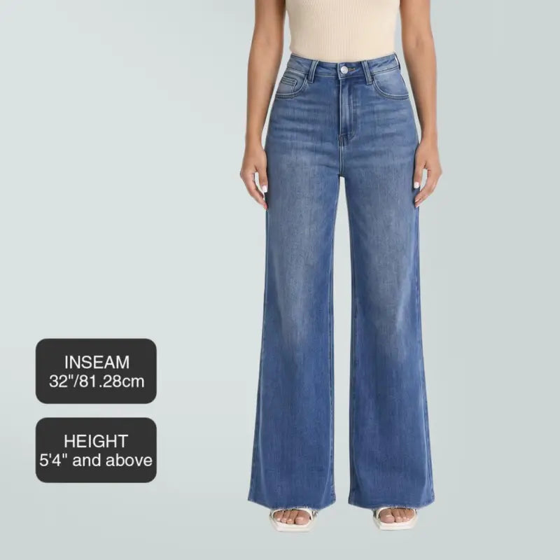 Joy BlueMoment Stretchy BBL Jeans High Waist Wide Leg Denim Pants Raw Hem Tummy Control Butt Lifting Jeans with Pockets Baggy Curve Hugging Fall Fashion 8101