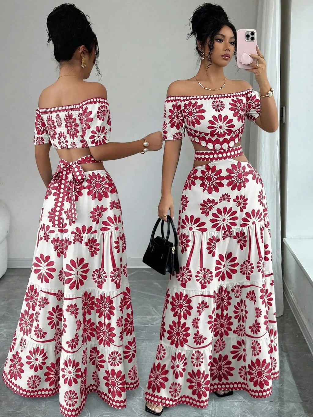 Women's Floral Off-Shoulder Short Sleeve Hollow Out Waist Fashion Chic Dress, Tropical Vacation Women's Dress, Long Dress for Summer, Floral Woven Dress