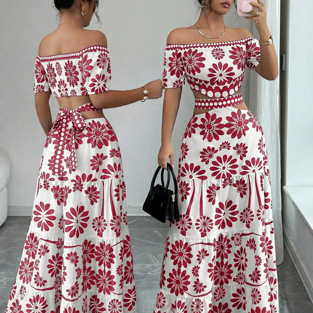 Women's Floral Off-Shoulder Short Sleeve Hollow Out Waist Fashion Chic Dress, Tropical Vacation Women's Dress, Long Dress for Summer, Floral Woven Dress