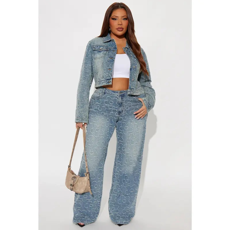 Tall Flower Power Jacquard Wide Leg Jeans - Medium Wash