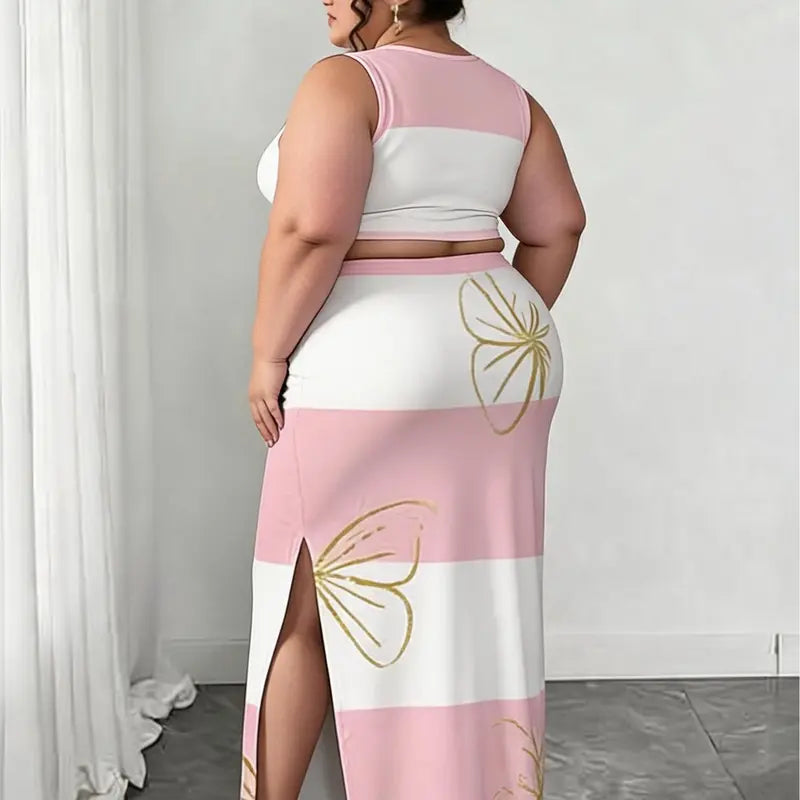 Women's Plus Size 2-Piece Matched Set - Sleeveless Striped Butterfly Print Bodycon Crop Top & Stripe Skirt & Top Sets, Midi Length Split Skirt, Casual Chic Plus Size Clothes for Going Out