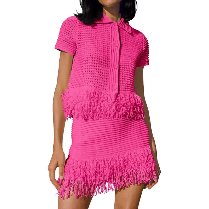Fisoew Women's Crochet Knit 2 Piece Set, Short Sleeve Button Top with Matching Fringe Skirt, Summer Vacation Beach Cover Up, Shortsleeve, Women's Fashion SohoChic