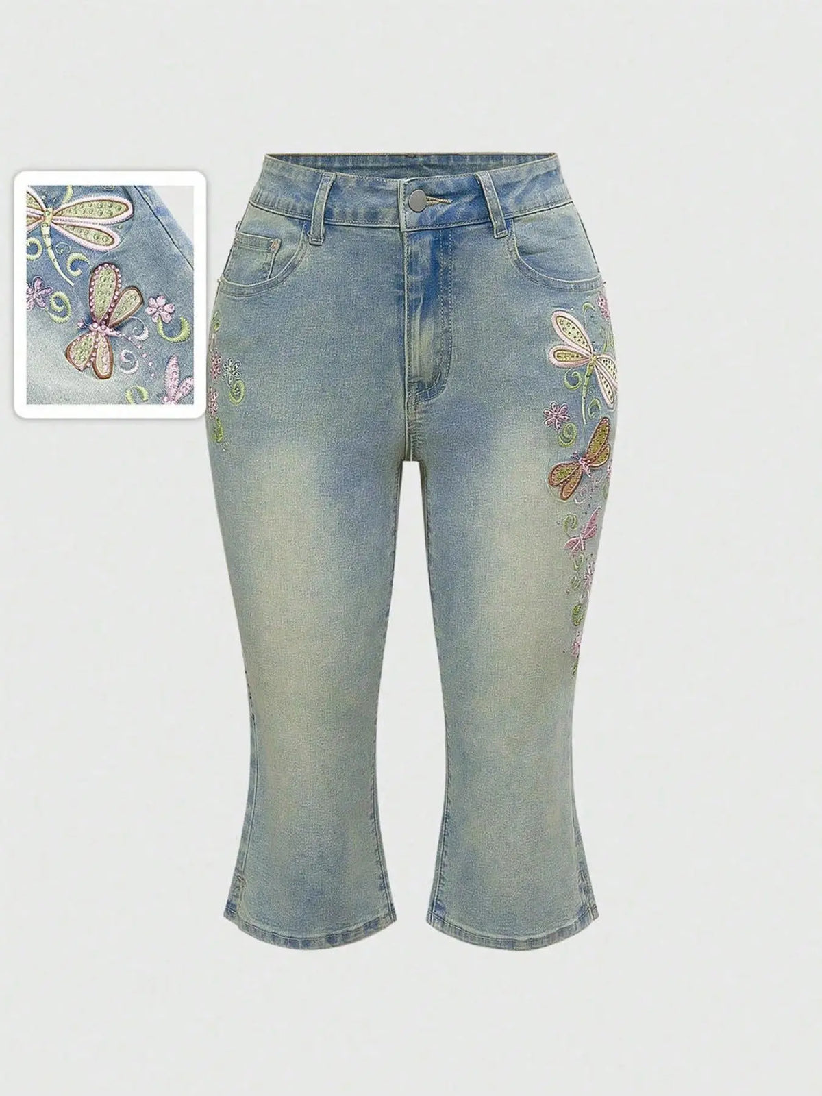 Women's Casual Retro Dragonfly Embroidery Capri Denim Pants, Y2K Stretch Jeans, Comfortable and Stylish, Perfect for Daily Wear, Trendy and Versatile, Streetwear Denim Pants