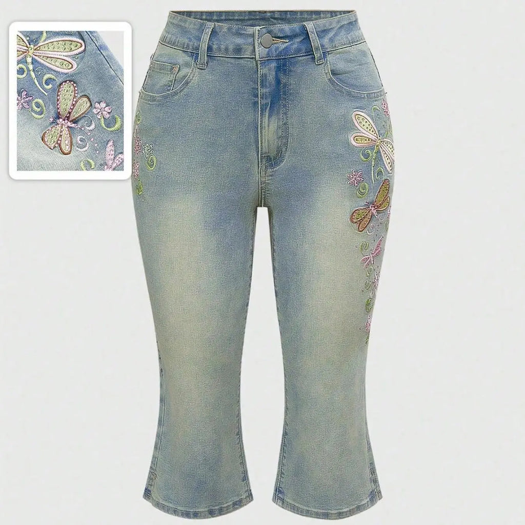 Women's Casual Retro Dragonfly Embroidery Capri Denim Pants, Y2K Stretch Jeans, Comfortable and Stylish, Perfect for Daily Wear, Trendy and Versatile, Streetwear Denim Pants