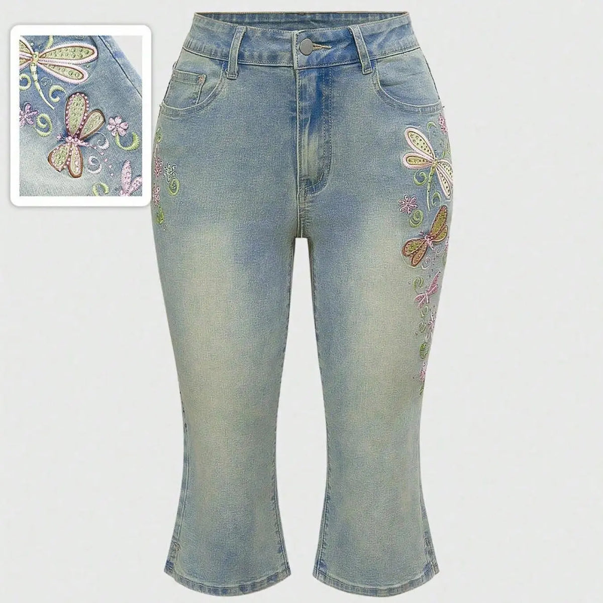 Women's Casual Retro Dragonfly Embroidery Capri Denim Pants, Y2K Stretch Jeans, Comfortable and Stylish, Perfect for Daily Wear, Trendy and Versatile, Streetwear Denim Pants