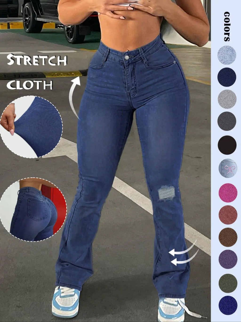GILIPUR Y2K Women's Plain Ripped Bootcut Flared Fit Jeans, Casual High Waist Pocket Button Fly Bell Bottom Denim High Rise Pants for Daily Outdoor Wear, Medium Stretch Cotton Fabric, Flare Leg Jeans for All Seasons, Streetwear