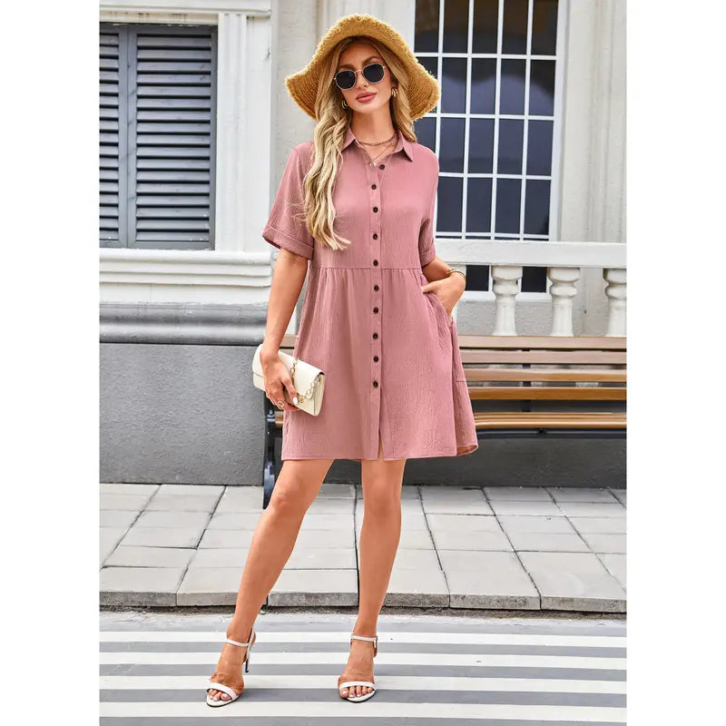 AUSELILY Babydoll Dress for Women Short Sleeve Button Down Textured Non-clingy Loose Fit Flowy Mini Dress with Pockets 2026 New Summer Dress Beachy Style Dress Casual