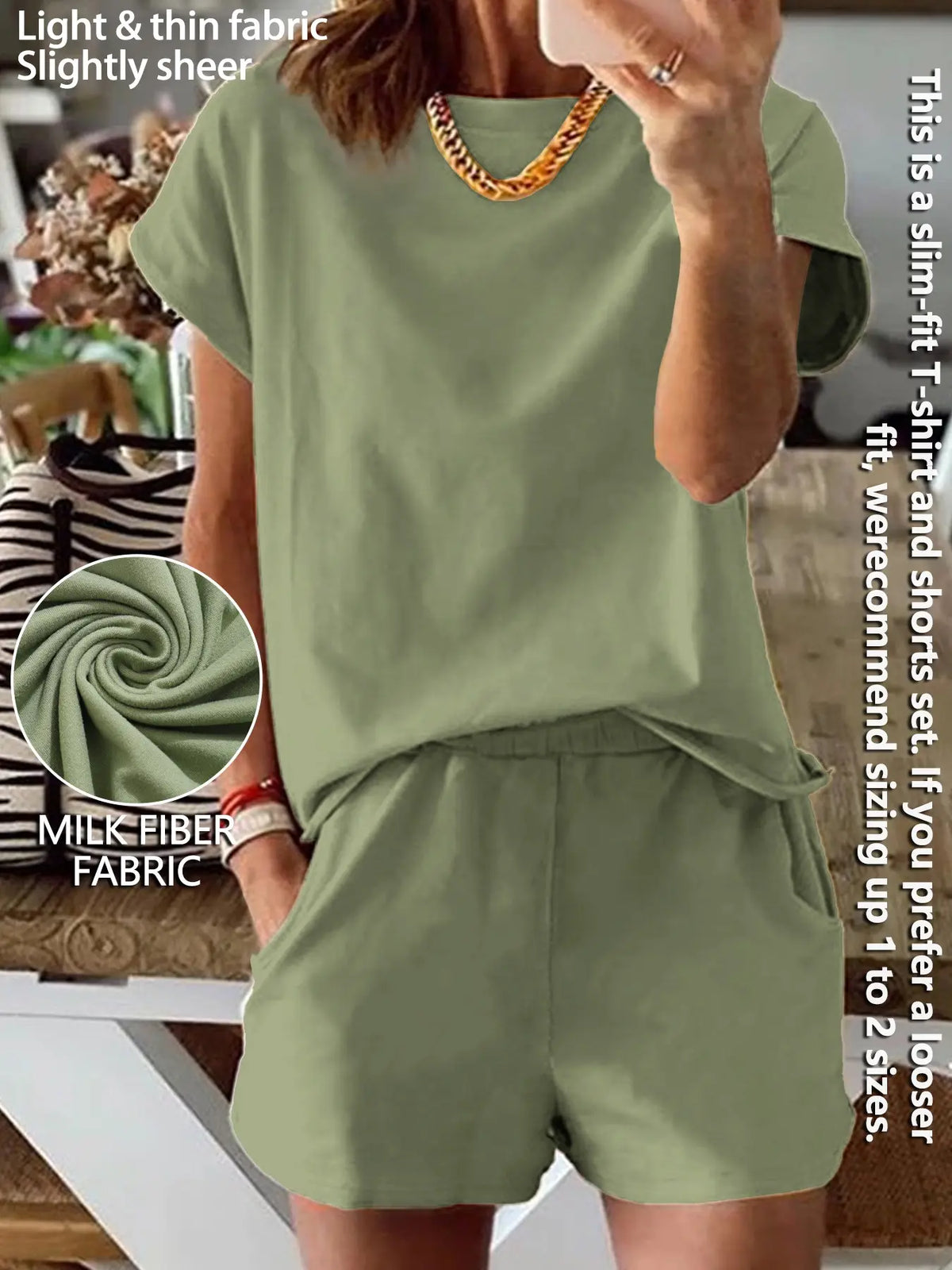 Women's Summer Short Sleeve Plain Basic Fitted Set Outfit Suits Womenswear Style, Slim-Fit Natural Waist Design Shorts & Tops, Perfect for Casual Wear