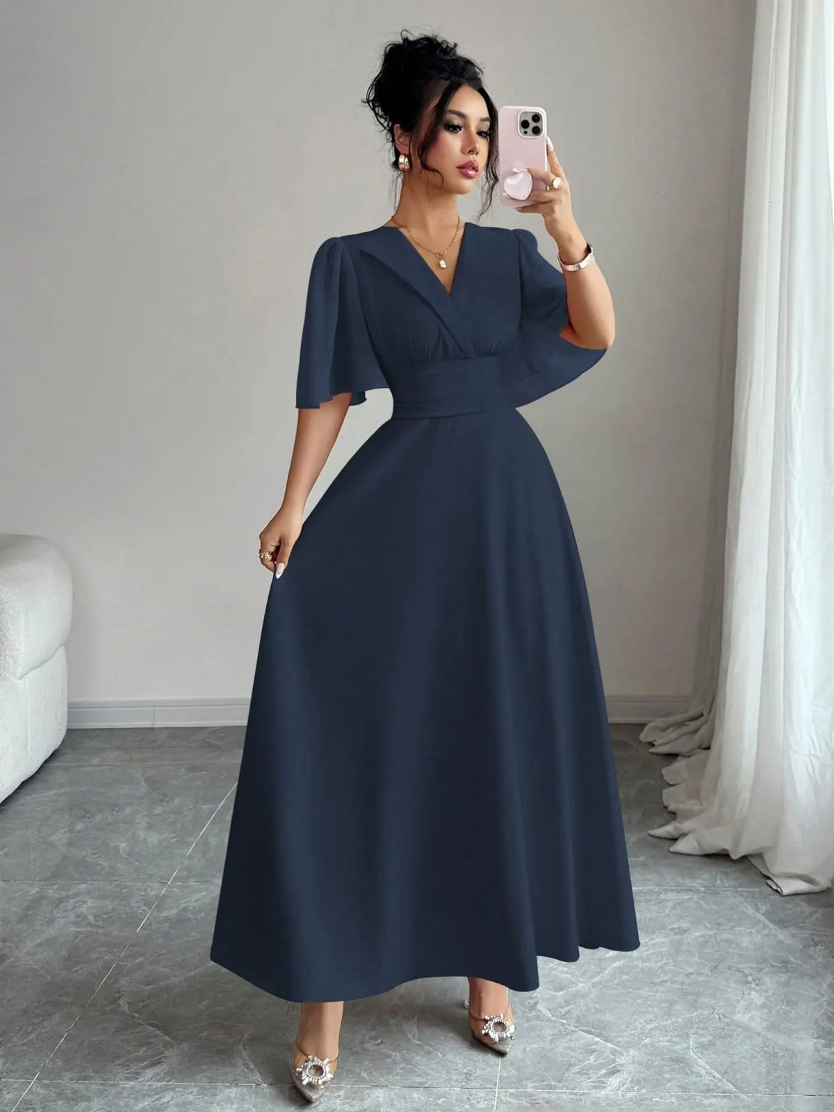 New Women's Lapel Neckline Dress, Waist Ruched Back Tie Chiffon Patchwork, Peplum Sleeves Design, Casual Elegant Summer Dress, Casual Summer Dresses