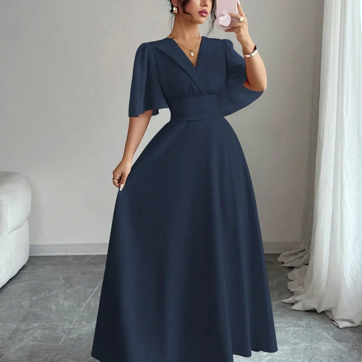 New Women's Lapel Neckline Dress, Waist Ruched Back Tie Chiffon Patchwork, Peplum Sleeves Design, Casual Elegant Summer Dress, Casual Summer Dresses