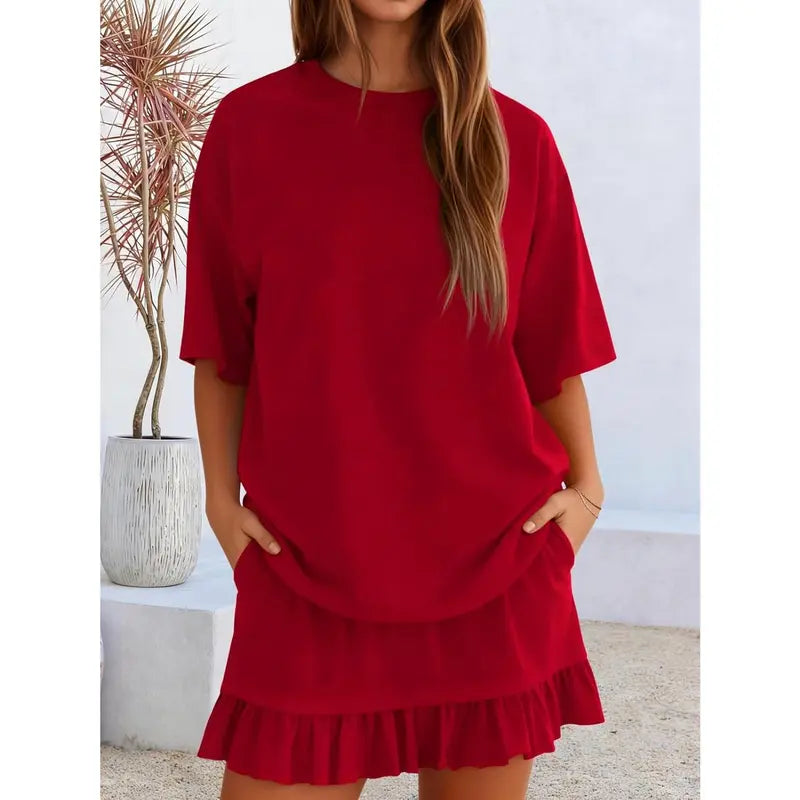 Yousify Women's 2-Piece Minimalist Basic Set - Half Sleeve Crew Neck Top & Casual Mini Skirt, Women's Clothes for Summer Vacation Loungewear, Easy Styling Casual Set