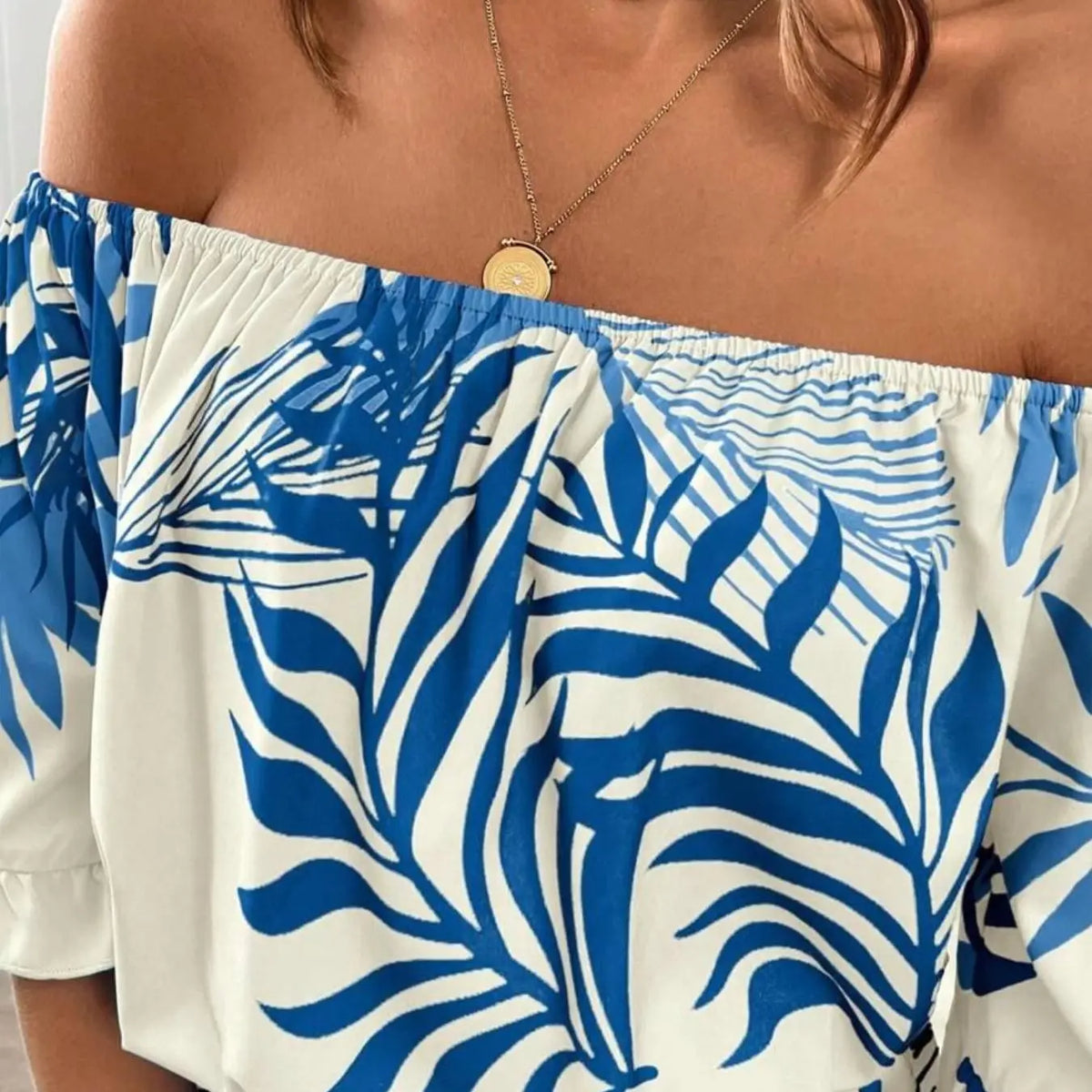 Women's Tropical Print Off-Shoulder Lightweight Romper, Bohemian Style, Ruffled Sleeve & Hem, Cinched Waist, Stylish & Comfortable Summer Wear