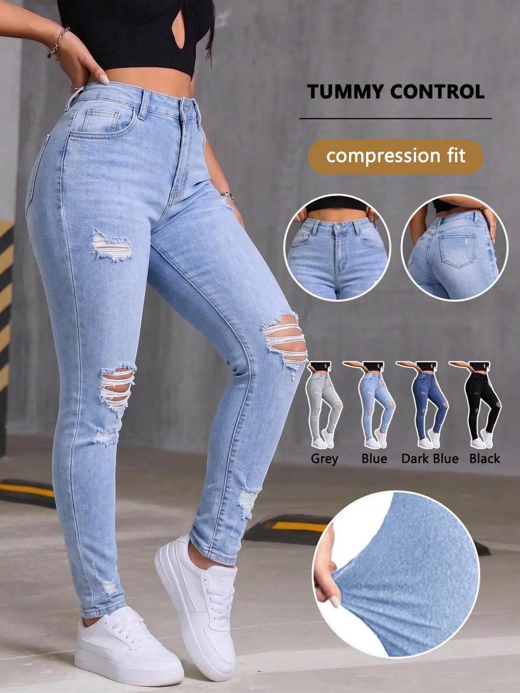 Women's Denim Jeans Ripped Jeans, Stretchy Jean, Knee Hole Jeans, Distressed Ripped Jeans, Fashionable and Comfortable, Fit