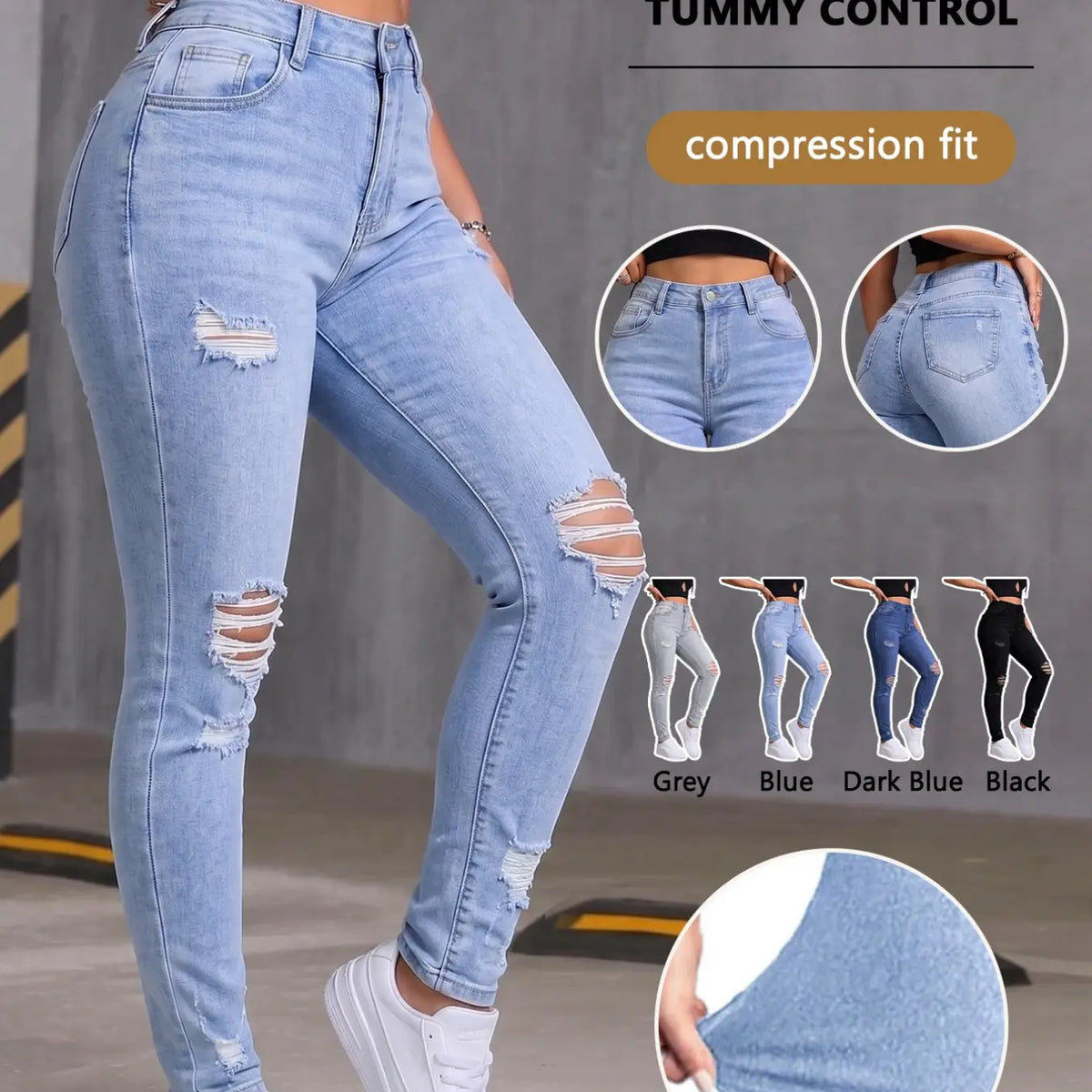 Women's Denim Jeans Ripped Jeans, Stretchy Jean, Knee Hole Jeans, Distressed Ripped Jeans, Fashionable and Comfortable, Fit