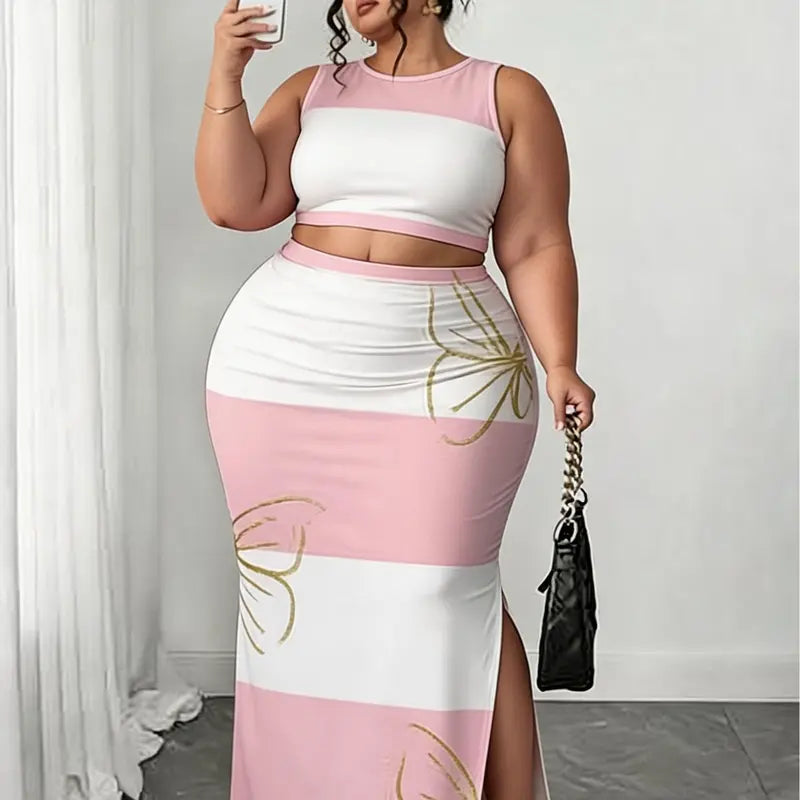 Women's Plus Size 2-Piece Matched Set - Sleeveless Striped Butterfly Print Bodycon Crop Top & Stripe Skirt & Top Sets, Midi Length Split Skirt, Casual Chic Plus Size Clothes for Going Out