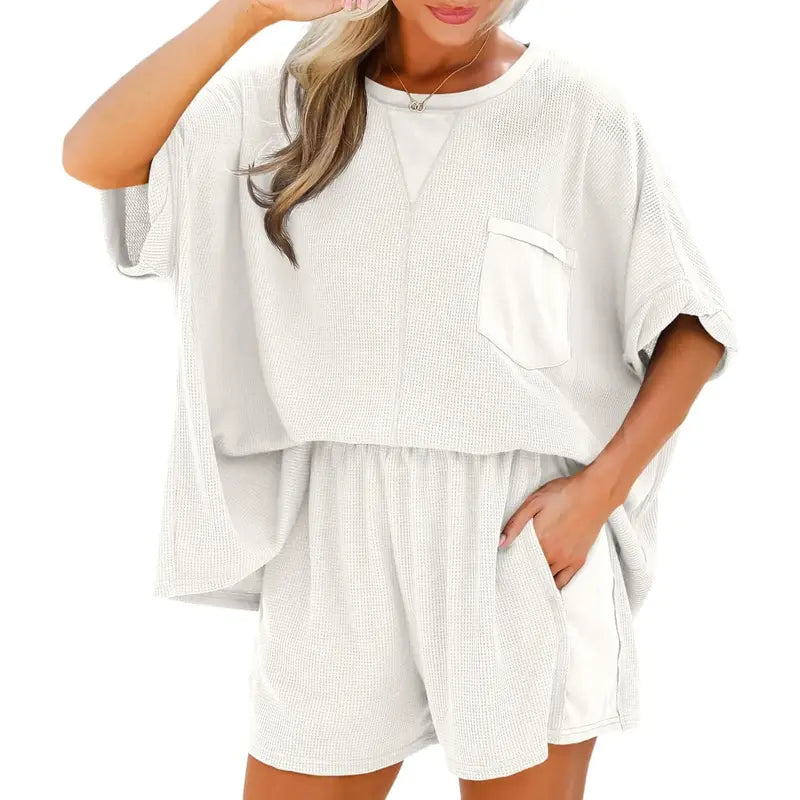 Imily Bela Womens Summer Waffle Knit 2 Piece Outfits Oversized T Shirt Casual Shorts Loungwear Short Sets