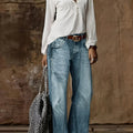 2026 standard size women's blue washed denim fashionable wide leg loose baggy casual jeans pants, simple, fashionable and loose, suitable for wearing all seasons