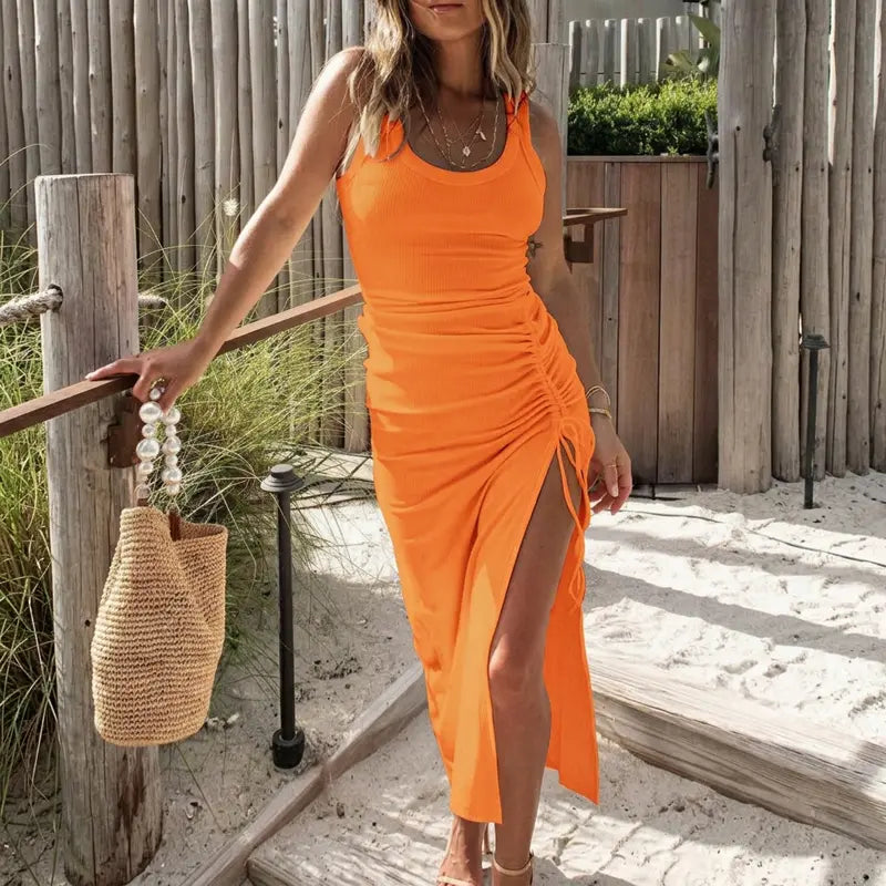 CHICME Women's U-Neck Sleeveless Side Drawstring Ruched Minimalist Tank Dress Casual Side Slit Ribbed Dress for Wedding Guest, Vacation, Casual Party, Dinner Date sohochic