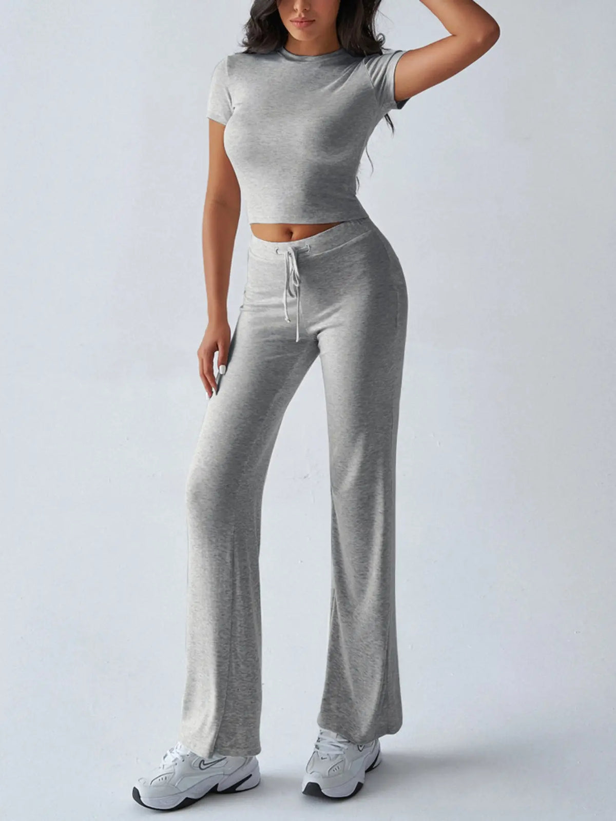 Women's Basic Minimalist Solid Short Sleeve Two-piece Set, Casual Round Neck Crop Tee & Drawstring High Waist Trousers for Daily Wear, Ladies Summer Clothes, Womenswear