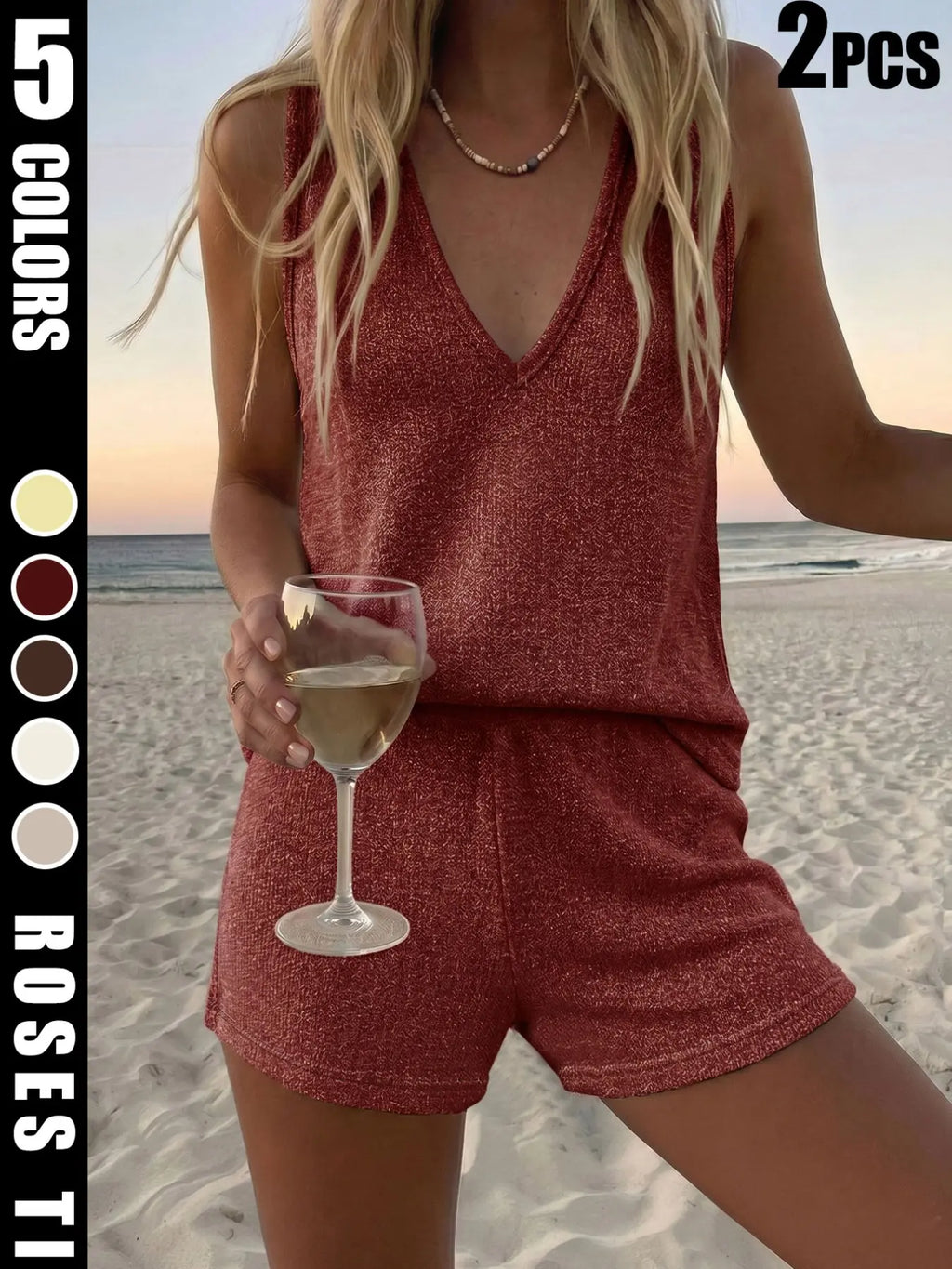 Women's Loose-Fit Baggy Knit Fabric Two-Piece Set Suits, V-Neck Sleeveless Tank Top & Knitted Shorts for Beach, Casual Summer Wear, Comfortable and Stylish Beachwear