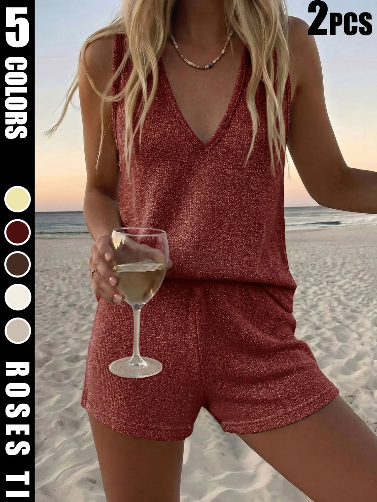 Women's Loose-Fit Baggy Knit Fabric Two-Piece Set Suits, V-Neck Sleeveless Tank Top & Knitted Shorts for Beach, Casual Summer Wear, Comfortable and Stylish Beachwear