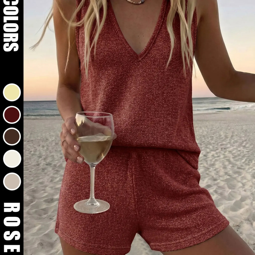 Women's Loose-Fit Baggy Knit Fabric Two-Piece Set Suits, V-Neck Sleeveless Tank Top & Knitted Shorts for Beach, Casual Summer Wear, Comfortable and Stylish Beachwear