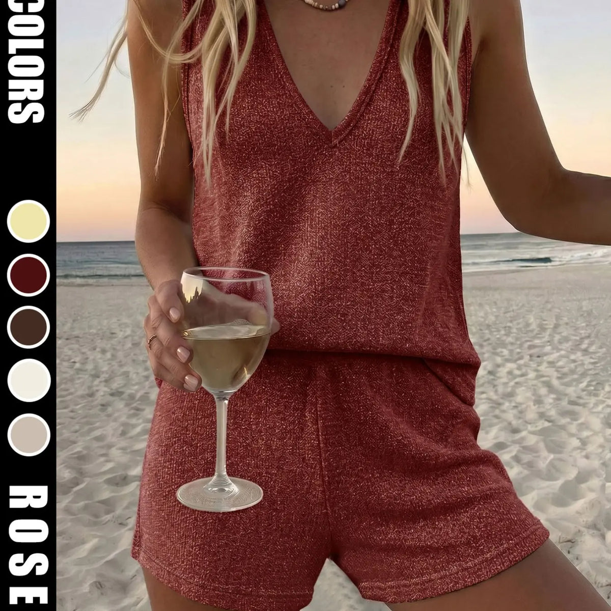 Women's Loose-Fit Baggy Knit Fabric Two-Piece Set Suits, V-Neck Sleeveless Tank Top & Knitted Shorts for Beach, Casual Summer Wear, Comfortable and Stylish Beachwear