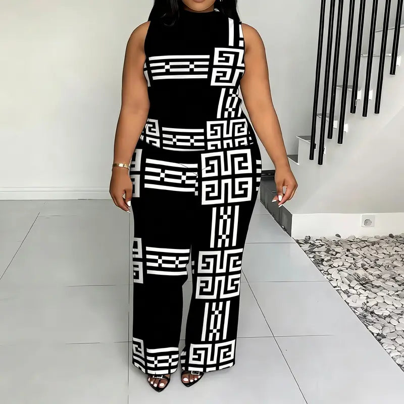 Women's 2026 New Plussize Printed 2-Piece Fashion Apparel Set - High Neck Sleeveless Flattering Tops, Wide Leg Pants, Chic Casual Women's Clothes Cute 2-Piece Sets