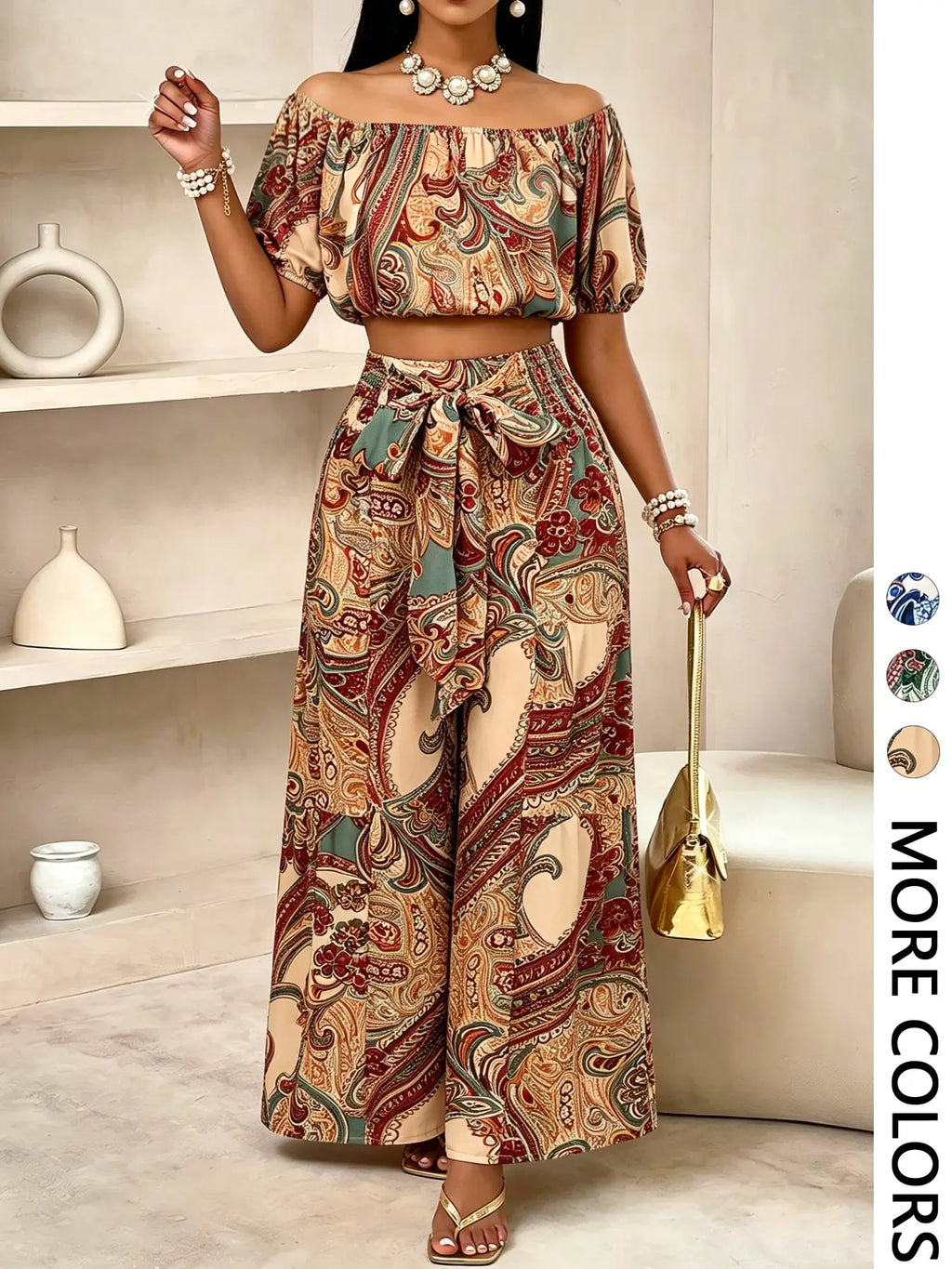 Summer Beach Vacation Bow Shoulderless Round Neck Shirt Wide Leg Pants Set, Casual Loose-Fitting, Women's Fashion, Womenswear
