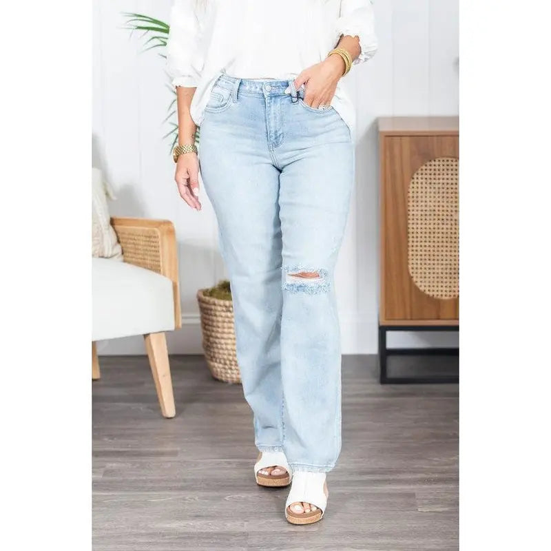 Women's Judy Blue Christina Back-Destroy Denim High-Waisted Jeans - Polyester, Spandex Blend, Relaxed Straight Fit, Pockets, Flattering, Large Body, Light Blue Ripped Knee, Odd Sizes Bottoms