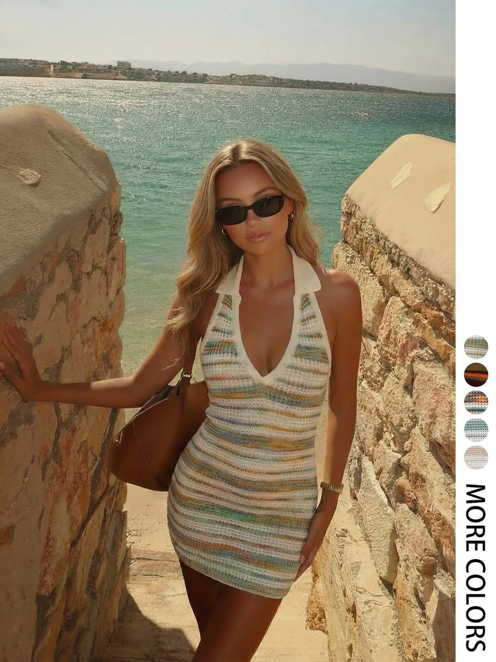Elegant Striped Beach Vacation Dress, Sexy Knit Bodycon Sweater Dress, Spring Summer Versatile Casual Wear Women's Fashion