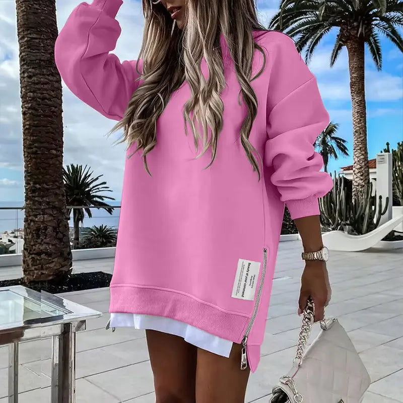CHICME 2026 Women's Oversized Fall Long Sleeve Pullover Sweatshirt Zipper Slit Casual Dress Drop Shoulder Outfits, Dresses For Women, Women's Clothes