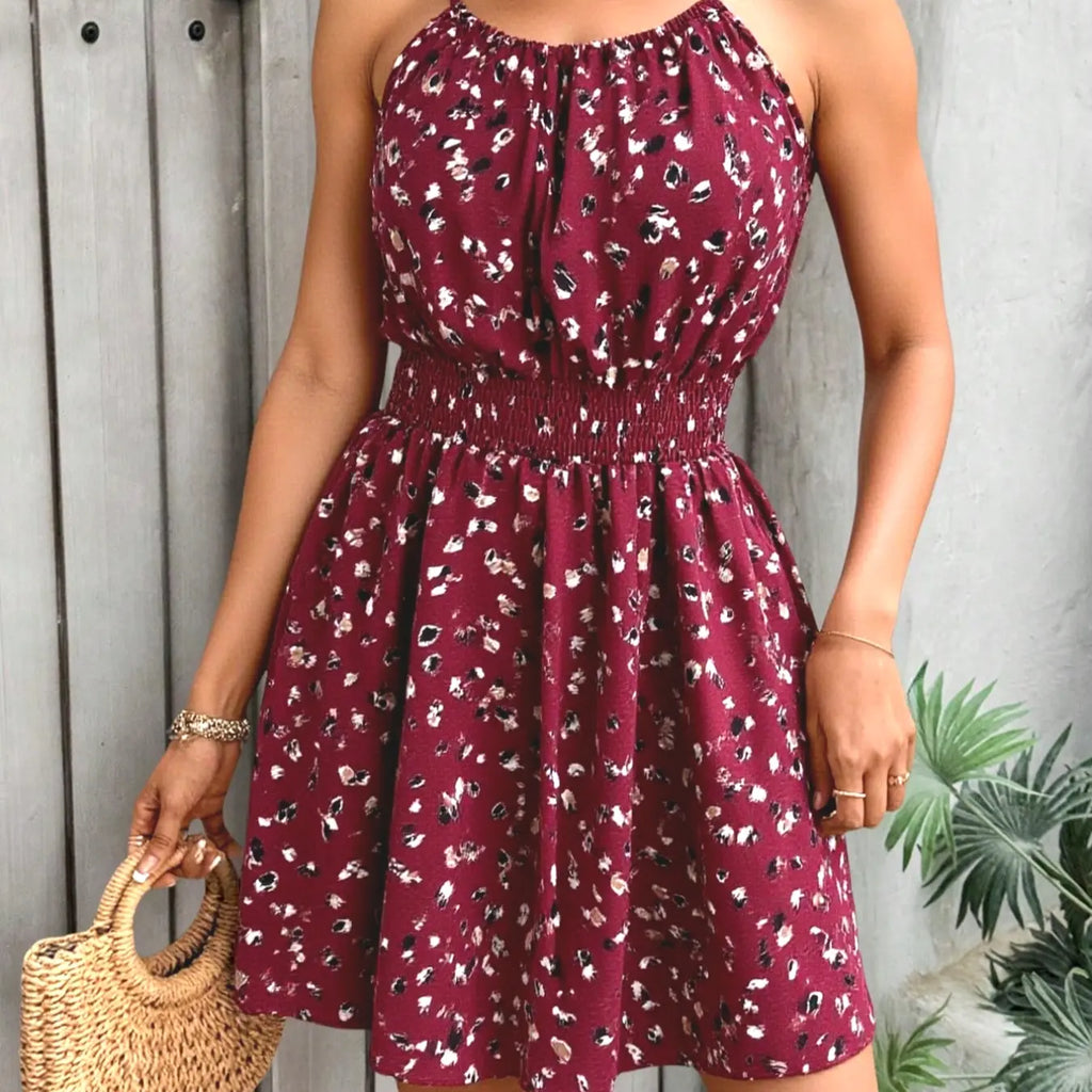Women's All Over Print Halter Neck Dress, Bohemian Boho Fashion Chic Casual Sleeveless Short Dress for Beach Holiday Vacation, Ladies Summer Clothes