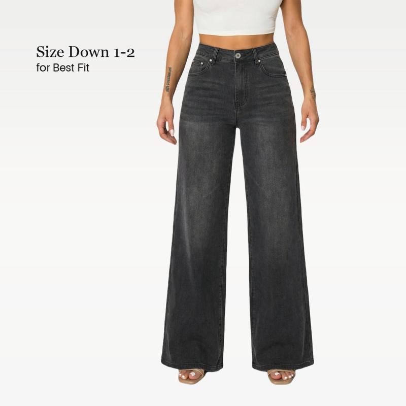 Sofia CANANA Women Super Stretchy High Rise Wide Leg Jeans Minimalist Comfort Denim Pants Tummy Control BBL Regular Size Plus Size