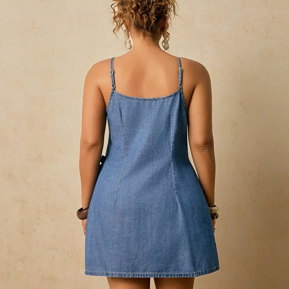Plus Size Thin Strap Side Tie Denim Mini Dress, Ideal For Casual Wear Summer, Sleeveless Casual Sundress