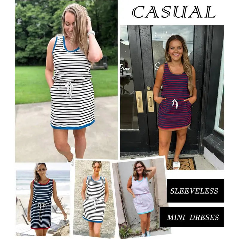Imily Bela Womens Summer Sleeveless Striped Dress Drawstring Waist Casual Tank Mini Dresses with Pockets