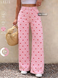 Spring/Summer Women's Elastic High-Waisted Wide Leg Baggy Bottom Jeans, Pink Heart Print, Casual Loose Fit Denim Pants for Commute, Daily Wear & Vacation