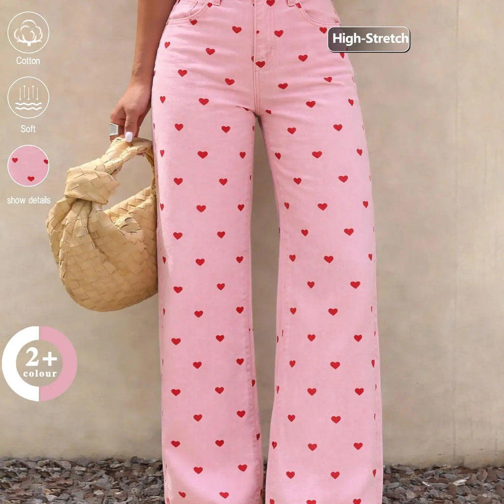 Spring/Summer Women's Elastic High-Waisted Wide Leg Baggy Bottom Jeans, Pink Heart Print, Casual Loose Fit Denim Pants for Commute, Daily Wear & Vacation