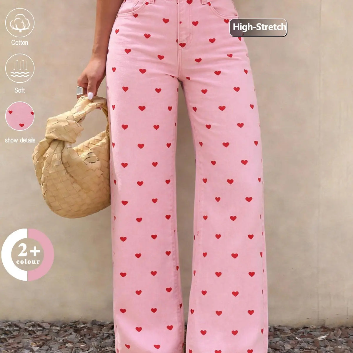 Spring/Summer Women's Elastic High-Waisted Wide Leg Baggy Bottom Jeans, Pink Heart Print, Casual Loose Fit Denim Pants for Commute, Daily Wear & Vacation