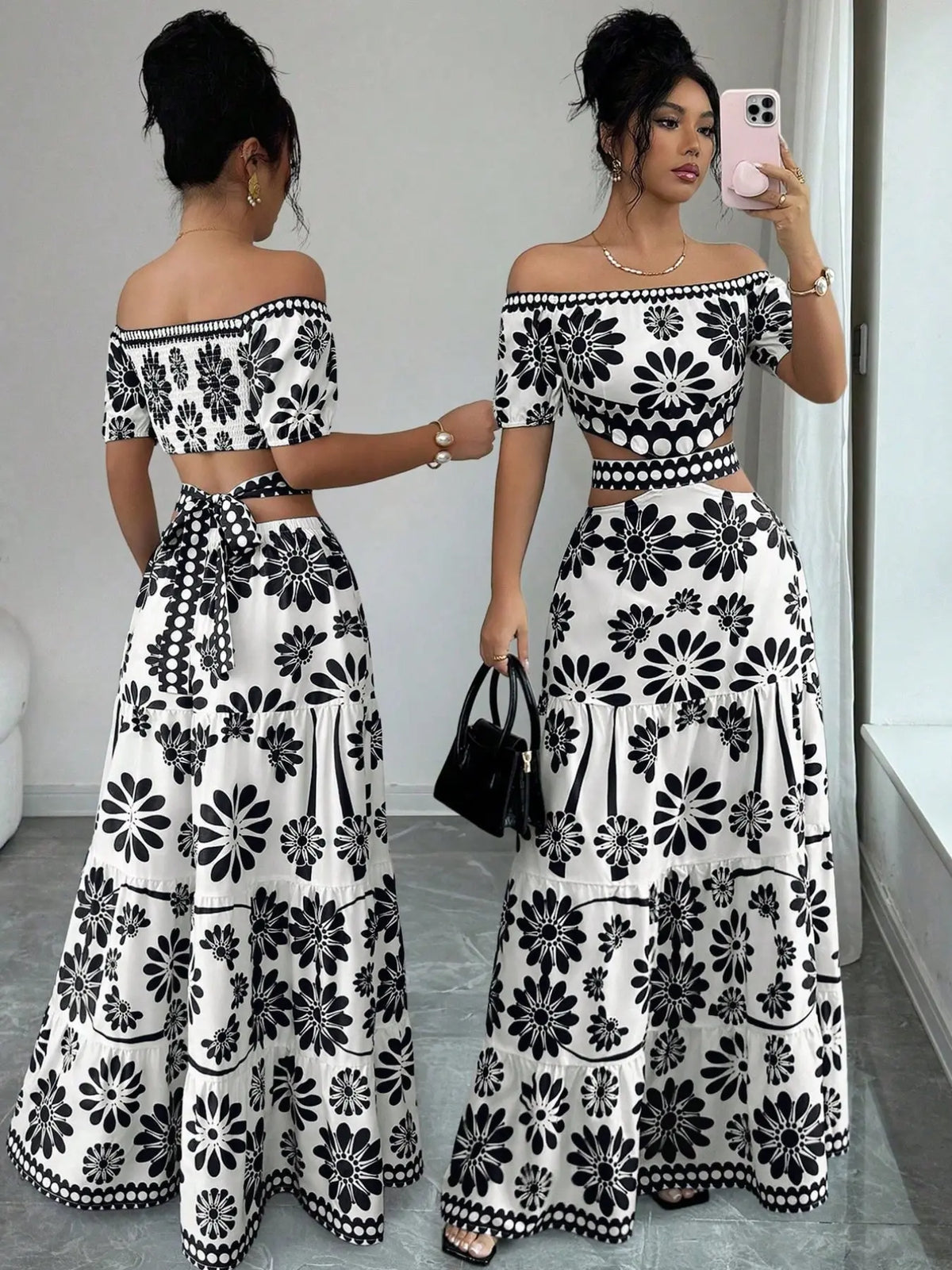 Women's Floral Off-Shoulder Short Sleeve Hollow Out Waist Fashion Chic Dress, Tropical Vacation Women's Dress, Long Dress for Summer, Floral Woven Dress