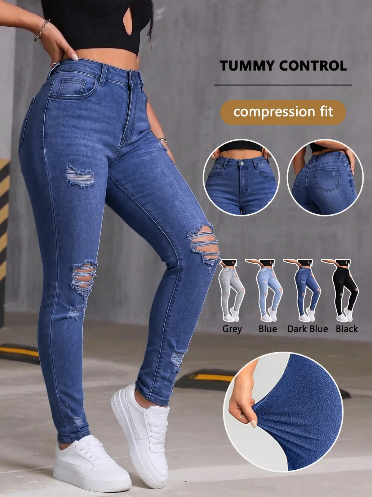 Women's Denim Jeans Ripped Jeans, Stretchy Jean, Knee Hole Jeans, Distressed Ripped Jeans, Fashionable and Comfortable, Fit