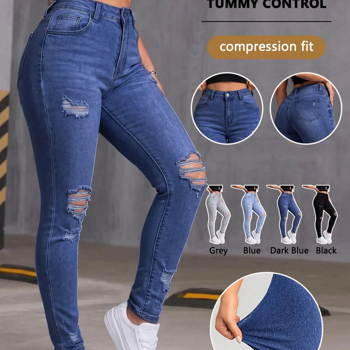 Women's Denim Jeans Ripped Jeans, Stretchy Jean, Knee Hole Jeans, Distressed Ripped Jeans, Fashionable and Comfortable, Fit